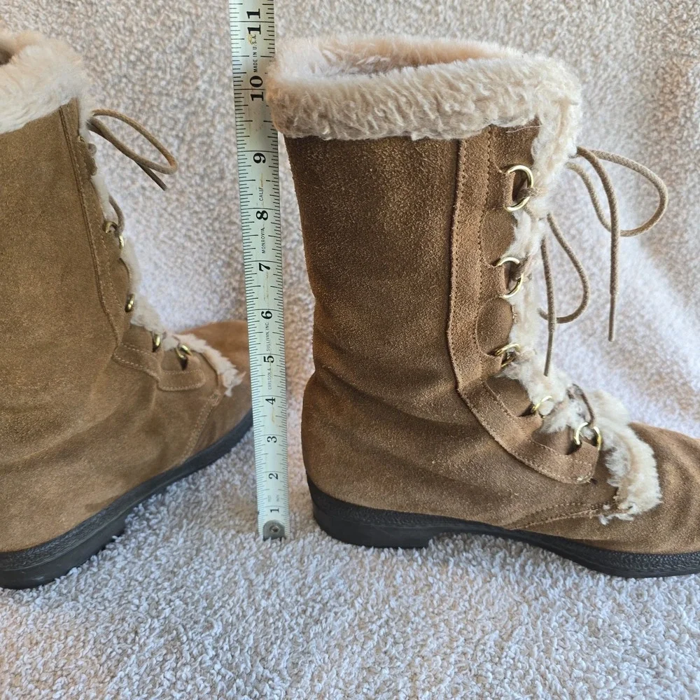Vtg Yodelers Women's Brown Suede Winter Boots Faux Fur Trim Apres-ski Retro Boho